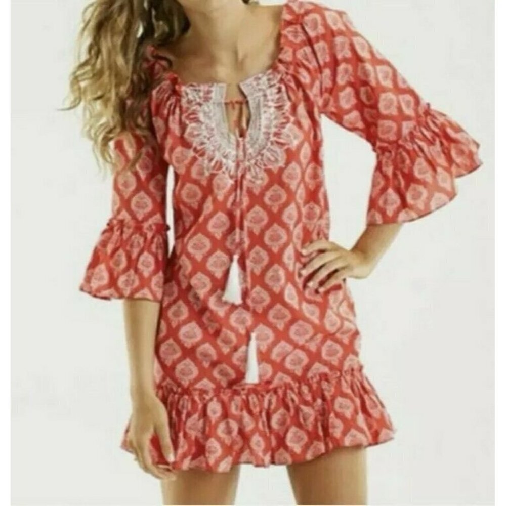 Mud Pie Hailey Ruffle Cover Up  Dress Small Red White Print Tassel NWT